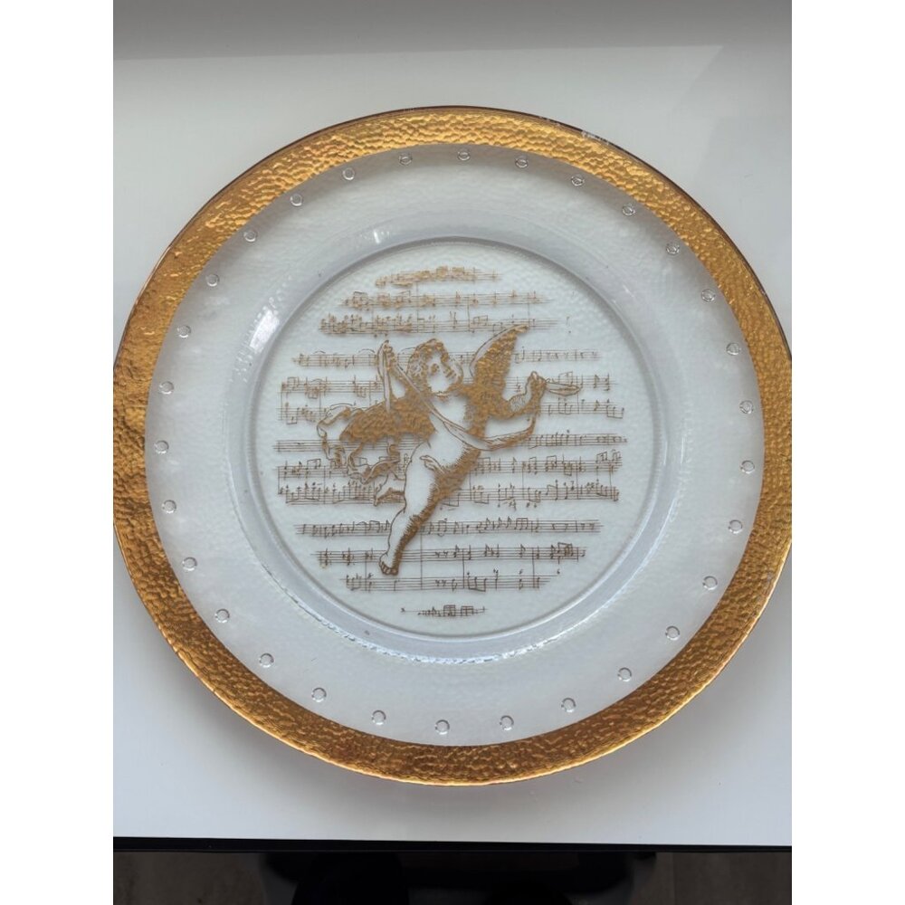 Vintage Glass Plate W/ Gold Trim & Cherub Design Featuring Sheet Music Motif - 1 - Picture 1 of 5